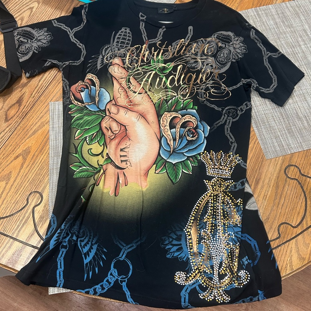 Christian Audigier Black Tee with Vibrant Artwork